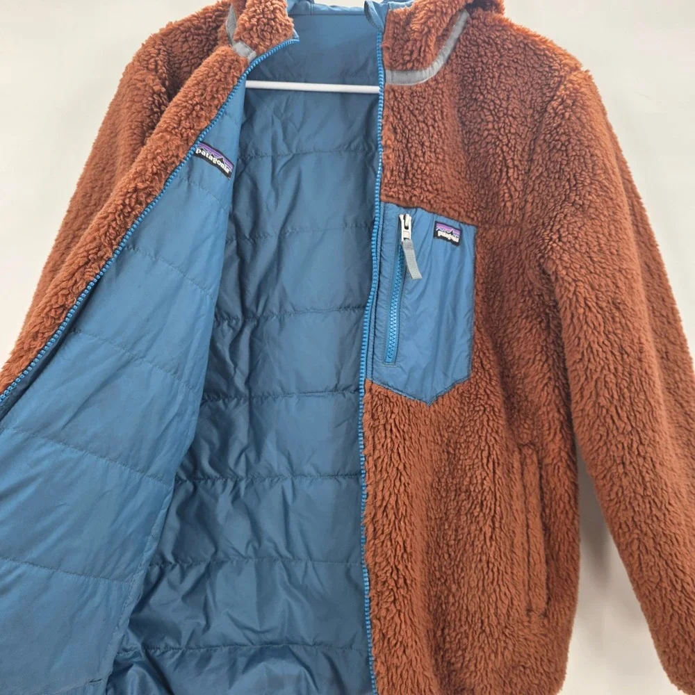 PATAGONIA REVERSIBLE HOODIE KIDS XXL 16-18 2XL BLUE BROWN READY FREDDY JACKET